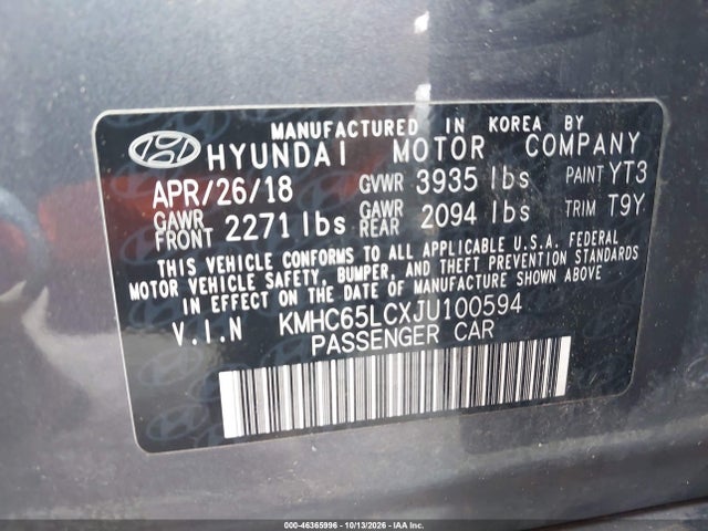 46365996 :رقم المزاد ، KMHC65LCXJU100594 vin ، 2018 Hyundai Ioniq Hybrid Blue مزاد بيع