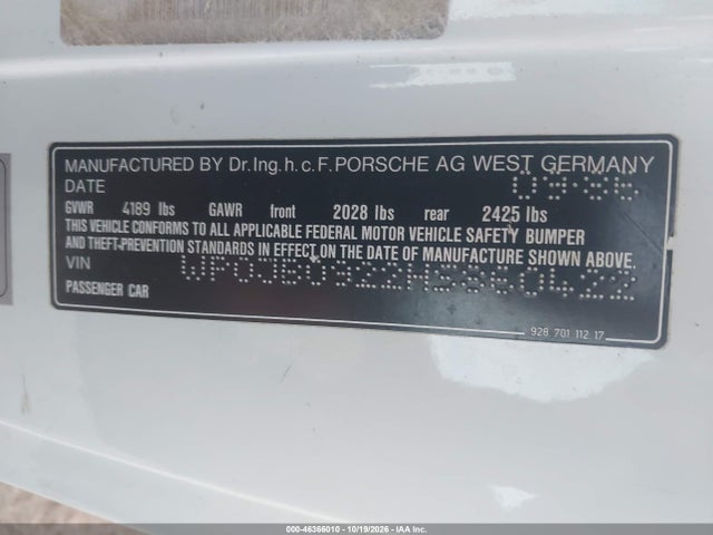 Auction sale of the 1987 Porsche 928 S, vin: WP0JB0922HS860422, lot number: 46366010