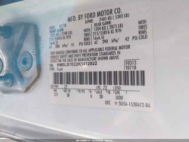 Aukcja sprzedaży 2019 Ford Transit Connect Xl, vin: NM0LS7E22K1412022, numer aukcji: 46366111