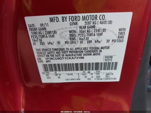 Aukcja sprzedaży 2012 Ford Escape Xlt, vin: 1FMCU9D71CKA73198, numer aukcji: 46366134