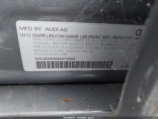 46366167 :رقم المزاد ، WAU8DAF86KN016684 vin ، 2019 Audi A8 L 55 مزاد بيع