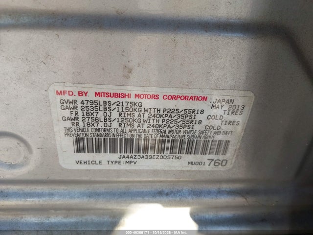 46366171 :رقم المزاد ، JA4AZ3A39EZ005750 vin ، 2014 Mitsubishi Outlander Se مزاد بيع