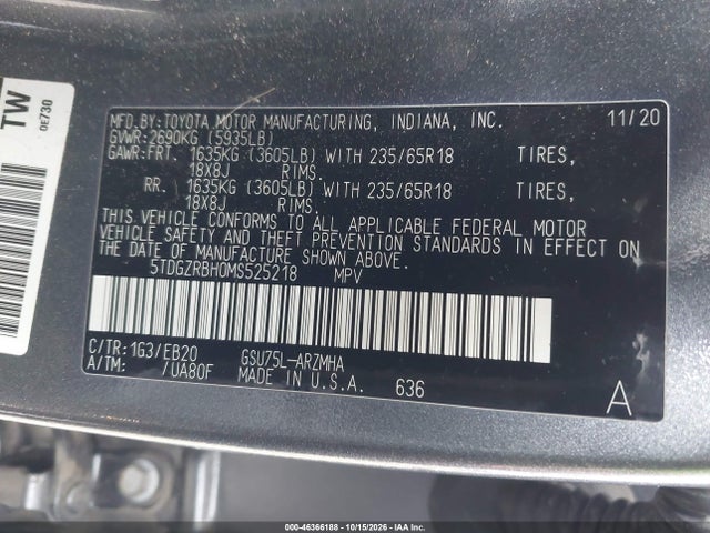 Aukcja sprzedaży 2021 Toyota Highlander Xle, vin: 5TDGZRBH0MS525218, numer aukcji: 46366188