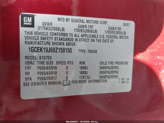 46366231 :رقم المزاد ، 1GCEK19J68Z158156 vin ، 2008 Chevrolet Silverado 1500 Lt1 مزاد بيع
