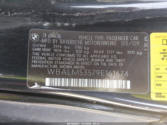 Aukcja sprzedaży 2009 Bmw Z4 Sdrive30i, vin: WBALM53579E161674, numer aukcji: 46366251