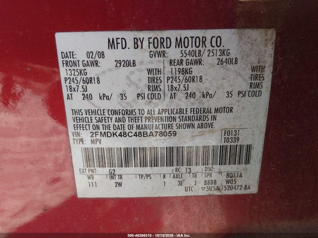 46366310 :رقم المزاد ، 2FMDK48C48BA78059 vin ، 2008 Ford Edge Sel مزاد بيع