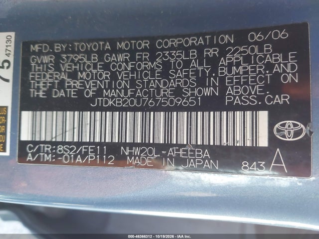 Aukcja sprzedaży 2006 Toyota Prius, vin: JTDKB20U767509651, numer aukcji: 46366312