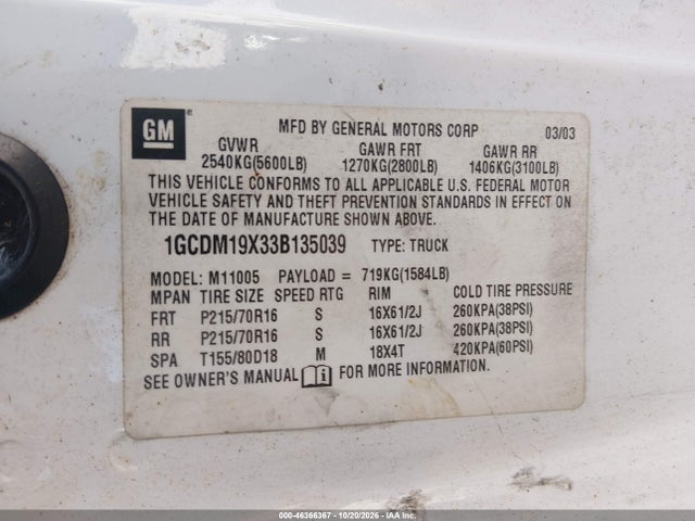 46366367 :رقم المزاد ، 1GCDM19X33B135039 vin ، 2003 Chevrolet Astro مزاد بيع