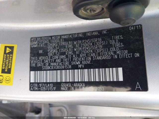 46366369 :رقم المزاد ، 5TDDK3EH3BS081538 vin ، 2011 Toyota Highlander Limited V6 مزاد بيع