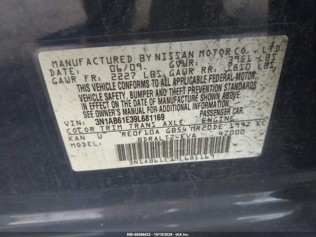 46366433 :رقم المزاد ، 3N1AB61E39L681169 vin ، 2009 Nissan Sentra 2.0sr مزاد بيع