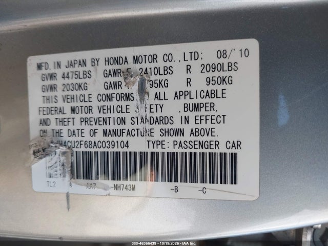 Продаж на аукціоні авто 2010 Acura Tsx 2.4, vin: JH4CU2F68AC039104, номер лоту: 46366439
