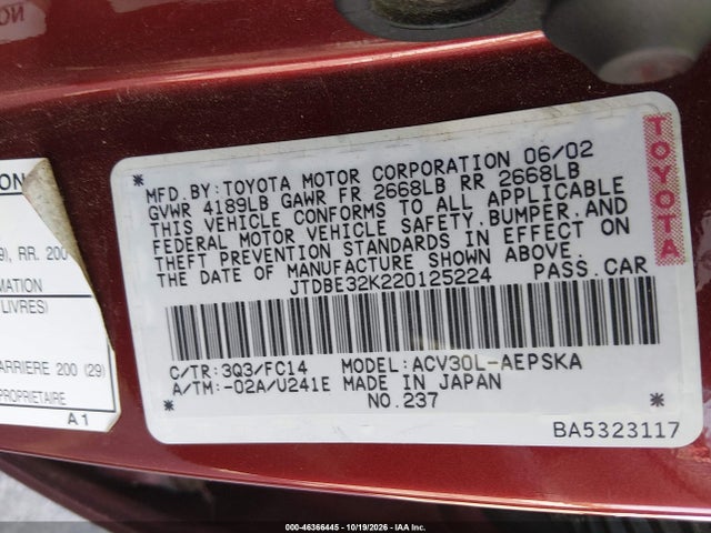 46366445 :رقم المزاد ، JTDBE32K220125224 vin ، 2002 Toyota Camry Se مزاد بيع