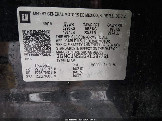 2019 Chevrolet Trax Ls მანქანა იყიდება აუქციონზე, vin: 3GNCJNSB3KL387761, აუქციონის ნომერი: 46366450