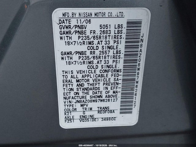 46366487 :رقم المزاد ، JN8AZ08W97W626127 vin ، 2007 Nissan Murano Se مزاد بيع