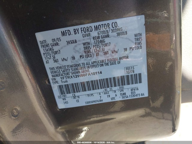 46366506 :رقم المزاد ، 1FTRX12W86FA10114 vin ، 2006 Ford F-150 Stx/xl/xlt مزاد بيع