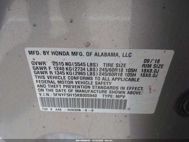 Aukcja sprzedaży 2019 Honda Pilot Lx, vin: 5FNYF5H15KB005940, numer aukcji: 46366526