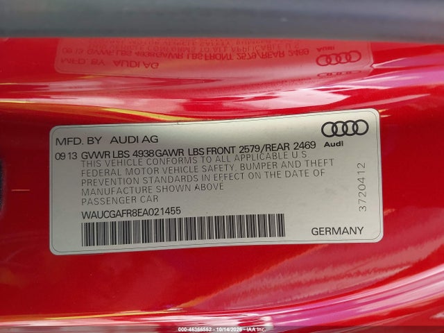 2014 Audi S5 3.0t Premium Plus მანქანა იყიდება აუქციონზე, vin: WAUCGAFR8EA021455, აუქციონის ნომერი: 46366552