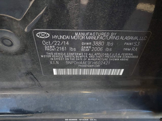 5NPDH4AE9FH602421 Hyundai ELANTRA SE
