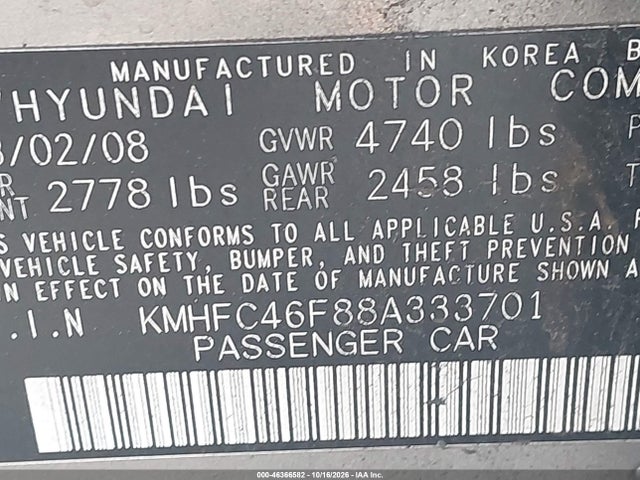 2008 Hyundai Azera Limited მანქანა იყიდება აუქციონზე, vin: KMHFC46F88A333701, აუქციონის ნომერი: 46366582