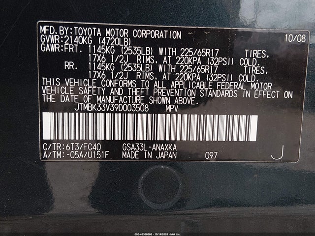 46366666 :رقم المزاد ، JTMBK33V39D003508 vin ، 2009 Toyota Rav4 Base V6 مزاد بيع