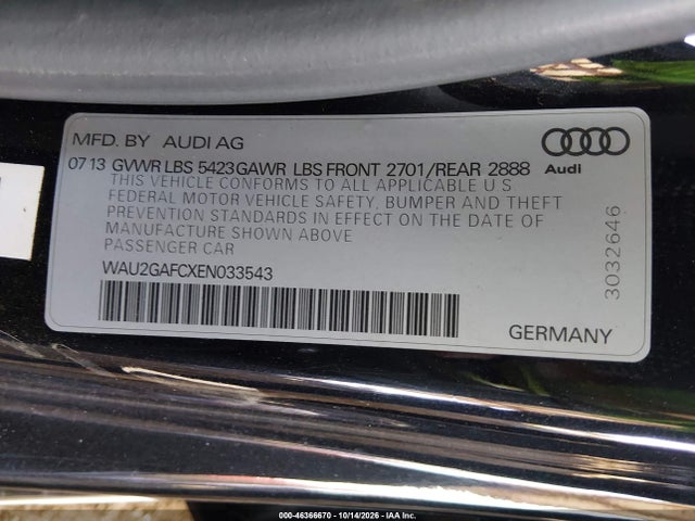 46366670 :رقم المزاد ، WAU2GAFCXEN033543 vin ، 2014 Audi A7 3.0t Premium Plus مزاد بيع