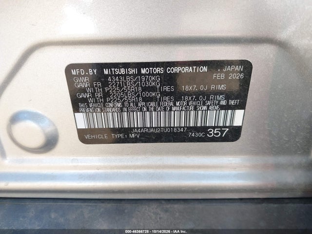 Aukcja sprzedaży 2026 Mitsubishi Outlander Sport 2.0 Es/2.0 Le/2.0 Ralliart/2.0 S/2.0 Se/2.0 Trail Edition, vin: JA4ARUAU2TU018347, numer aukcji: 46366728