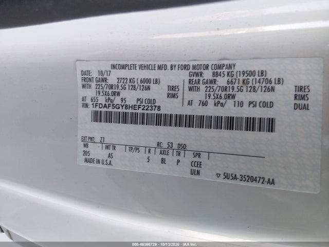 Продаж на аукціоні авто 2017 Ford F-550 Chassis Xl, vin: 1FDAF5GY8HEF22378, номер лоту: 46366729