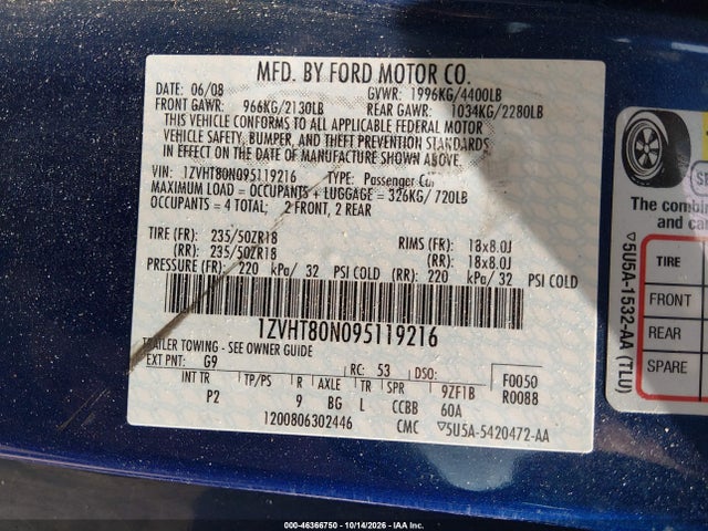 Продажа на аукционе авто 2009 Ford Mustang V6/v6 Premium, vin: 1ZVHT80N095119216, номер лота: 46366750