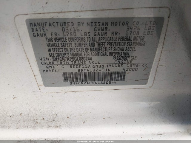 Aukcja sprzedaży 2016 Nissan Versa 1.6 S/1.6 S+/1.6 Sl/1.6 Sv, vin: 3N1CN7AP5GL880244, numer aukcji: 46366752