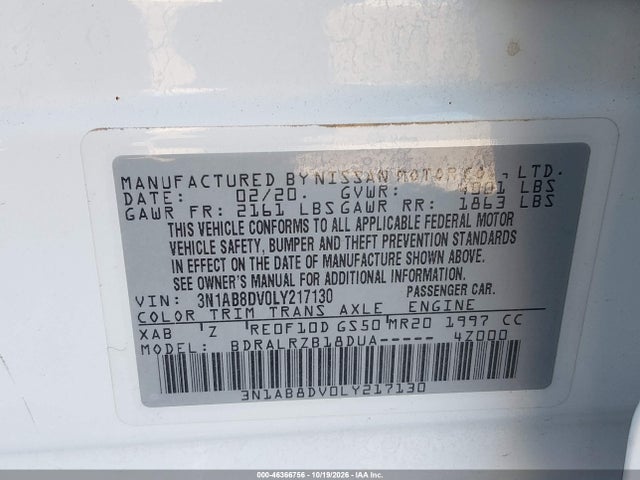Aukcja sprzedaży 2020 Nissan Sentra Sr Xtronic Cvt, vin: 3N1AB8DV0LY217130, numer aukcji: 46366756