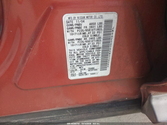 46366784 :رقم المزاد ، JN8AZ08T85W310060 vin ، 2005 Nissan Murano Sl مزاد بيع