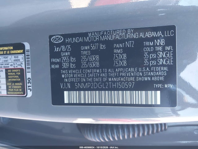 Продаж на аукціоні авто 2026 Hyundai Santa Fe Sel, vin: 5NMP2DGL2TH150597, номер лоту: 46366824