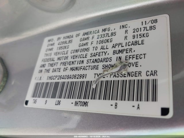 Aukcja sprzedaży 2009 Honda Accord 2.4 Lx-p, vin: 1HGCP26409A062991, numer aukcji: 46366863