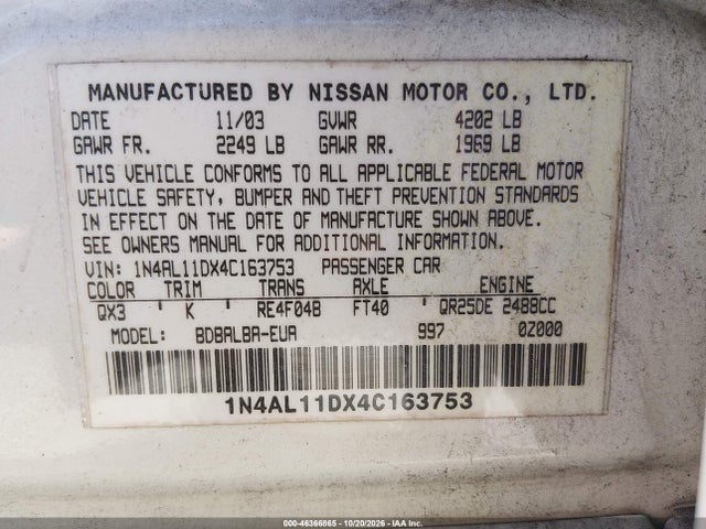 Продажа на аукционе авто 2004 Nissan Altima 2.5 S, vin: 1N4AL11DX4C163753, номер лота: 46366865