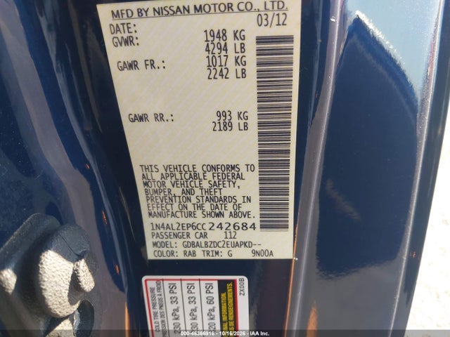 46366916 :رقم المزاد ، 1N4AL2EP6CC242684 vin ، 2012 Nissan Altima 2.5 S مزاد بيع