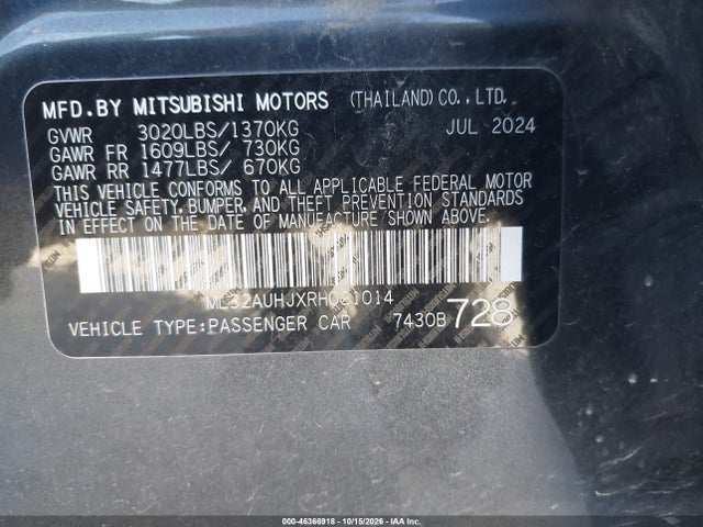 Aukcja sprzedaży 2024 Mitsubishi Mirage Es/le, vin: ML32AUHJXRH021014, numer aukcji: 46366918