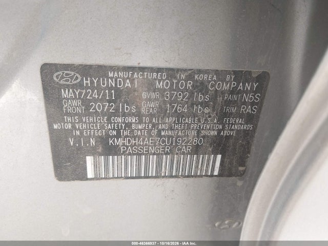 Aukcja sprzedaży 2012 Hyundai Elantra Limited (ulsan Plant), vin: KMHDH4AE7CU192280, numer aukcji: 46366937
