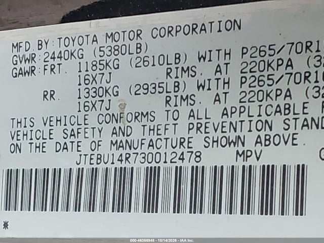 2003 Toyota 4runner Sr5 V6 მანქანა იყიდება აუქციონზე, vin: JTEBU14R730012478, აუქციონის ნომერი: 46366948