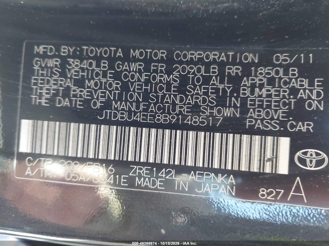 Aukcja sprzedaży 2011 Toyota Corolla Le, vin: JTDBU4EE8B9148517, numer aukcji: 46366974
