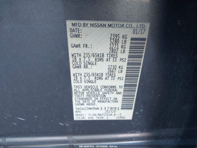 Aukcja sprzedaży 2017 Nissan Murano S, vin: 5N1AZ2MH9HN137891, numer aukcji: 46367015