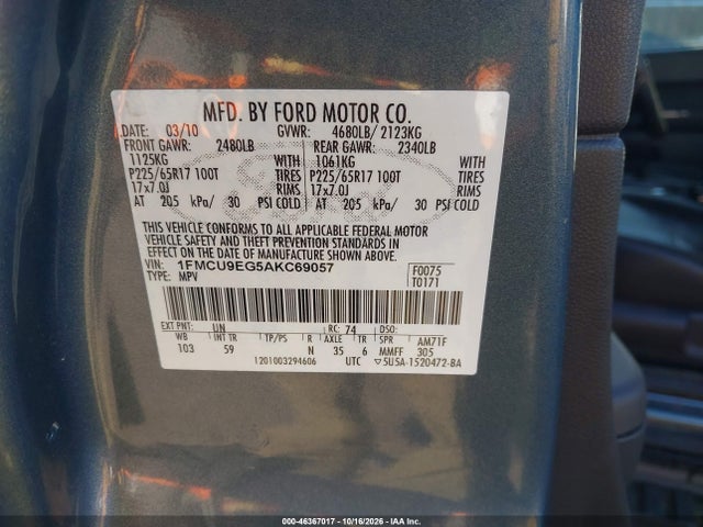 Продажа на аукционе авто 2010 Ford Escape Limited, vin: 1FMCU9EG5AKC69057, номер лота: 46367017
