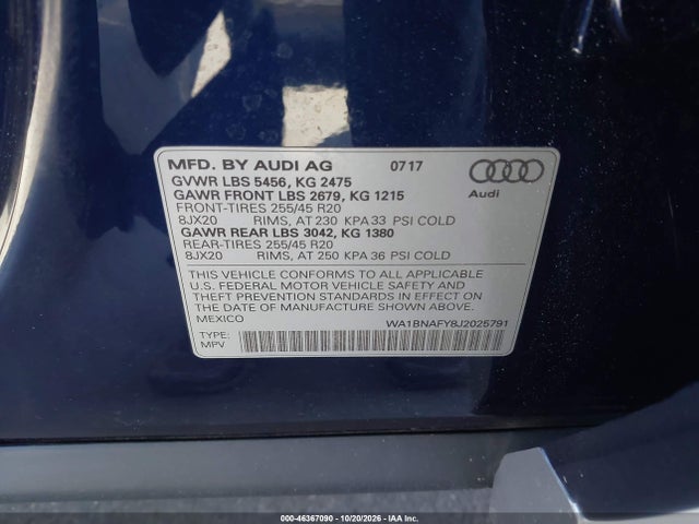 46367090 :رقم المزاد ، WA1BNAFY8J2025791 vin ، 2018 Audi Q5 2.0t Premium/2.0t Tech Premium مزاد بيع