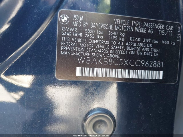 46367132 :رقم المزاد ، WBAKB8C5XCC962881 vin ، 2012 Bmw 750li مزاد بيع