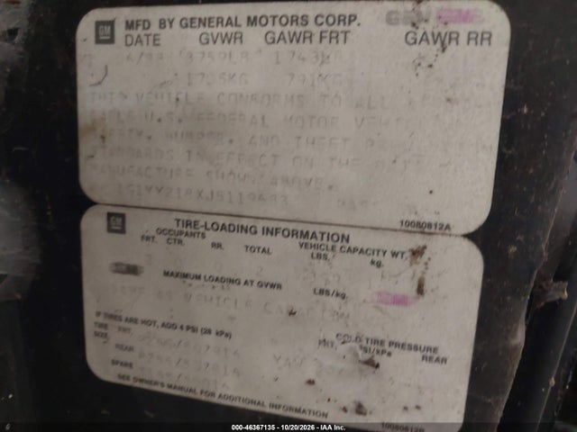 1988 Chevrolet Corvette მანქანა იყიდება აუქციონზე, vin: 1G1YY218XJ5119683, აუქციონის ნომერი: 46367135