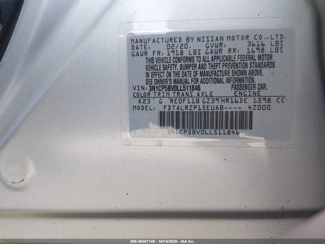 Aukcja sprzedaży 2020 Nissan Kicks S Xtronic Cvt, vin: 3N1CP5BV0LL511846, numer aukcji: 46367149