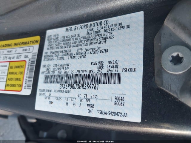 Продаж на аукціоні авто 2017 Ford Fusion Hybrid Titanium, vin: 3FA6P0RU3HR359761, номер лоту: 46367189