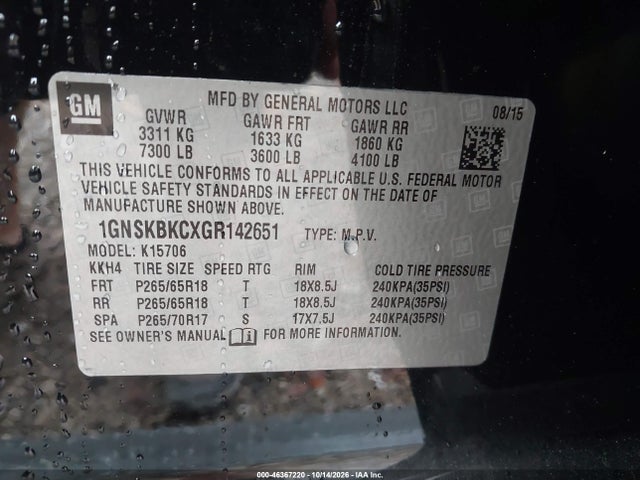 46367220 :رقم المزاد ، 1GNSKBKCXGR142651 vin ، 2016 Chevrolet Tahoe Lt مزاد بيع