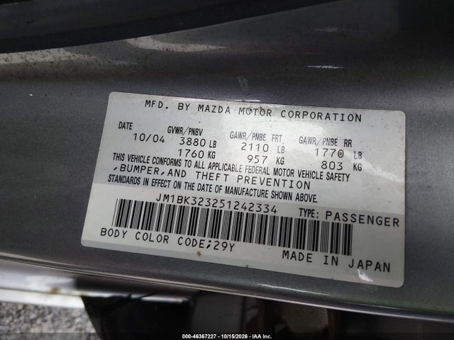 Продаж на аукціоні авто 2005 Mazda Mazda3 S, vin: JM1BK323251242334, номер лоту: 46367227