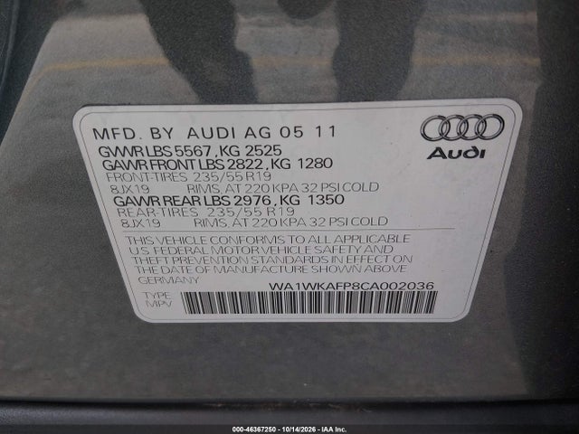 Продажа на аукционе авто 2012 Audi Q5 3.2 Premium, vin: WA1WKAFP8CA002036, номер лота: 46367250