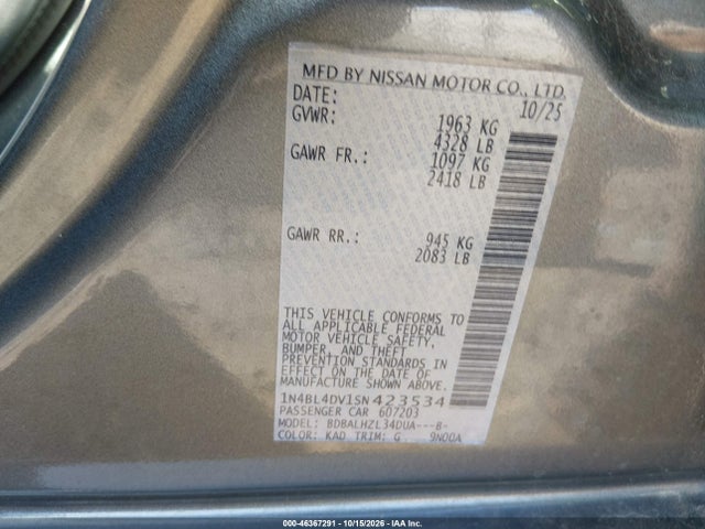 Aukcja sprzedaży 2025 Nissan Altima Sv Fwd, vin: 1N4BL4DV1SN423534, numer aukcji: 46367291